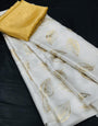 White Satin Silk Saree With Golden Foil Printed Work