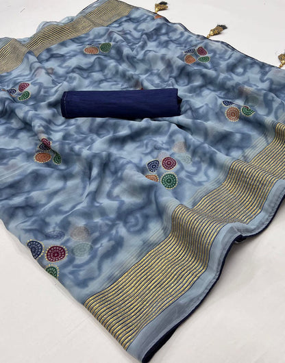 Gray & Blue Chiffon With Foil Printed Saree