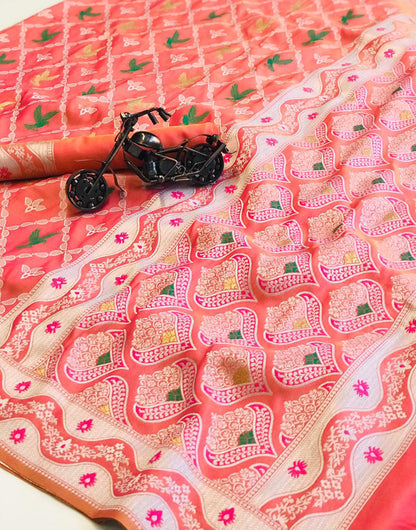 Peach Orange Lichi Silk Saree With Zari Weaving Work