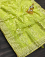 Lemon Green Organza Silk Saree With Embroidery Work