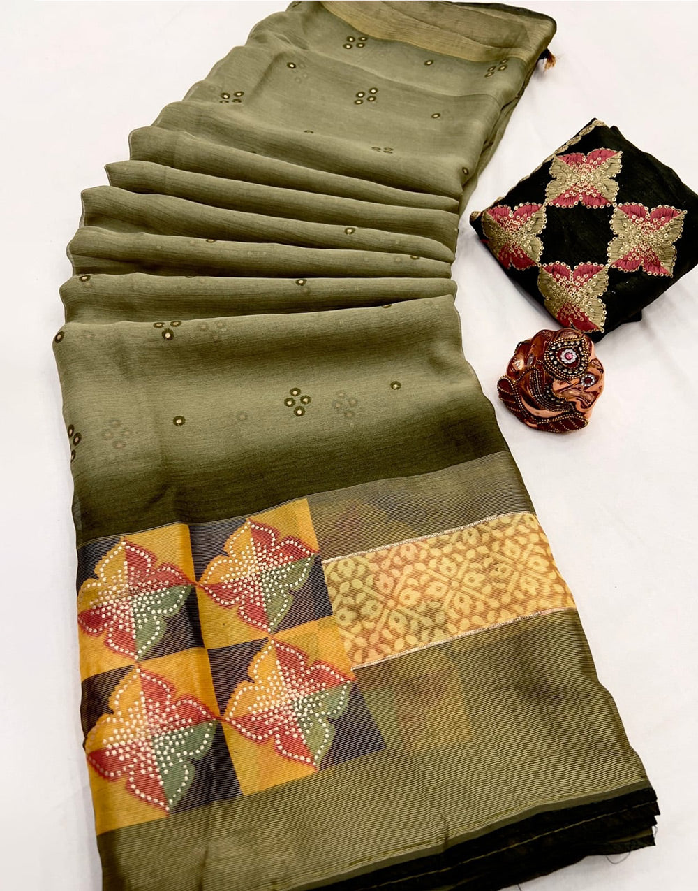 Dark Olive Green Satin Saree With Foil Printed Work