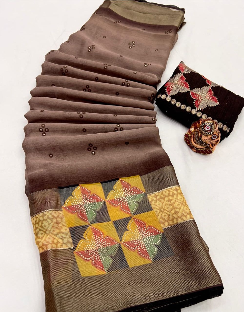 Maple Brown Satin Saree With Foil Printed Work