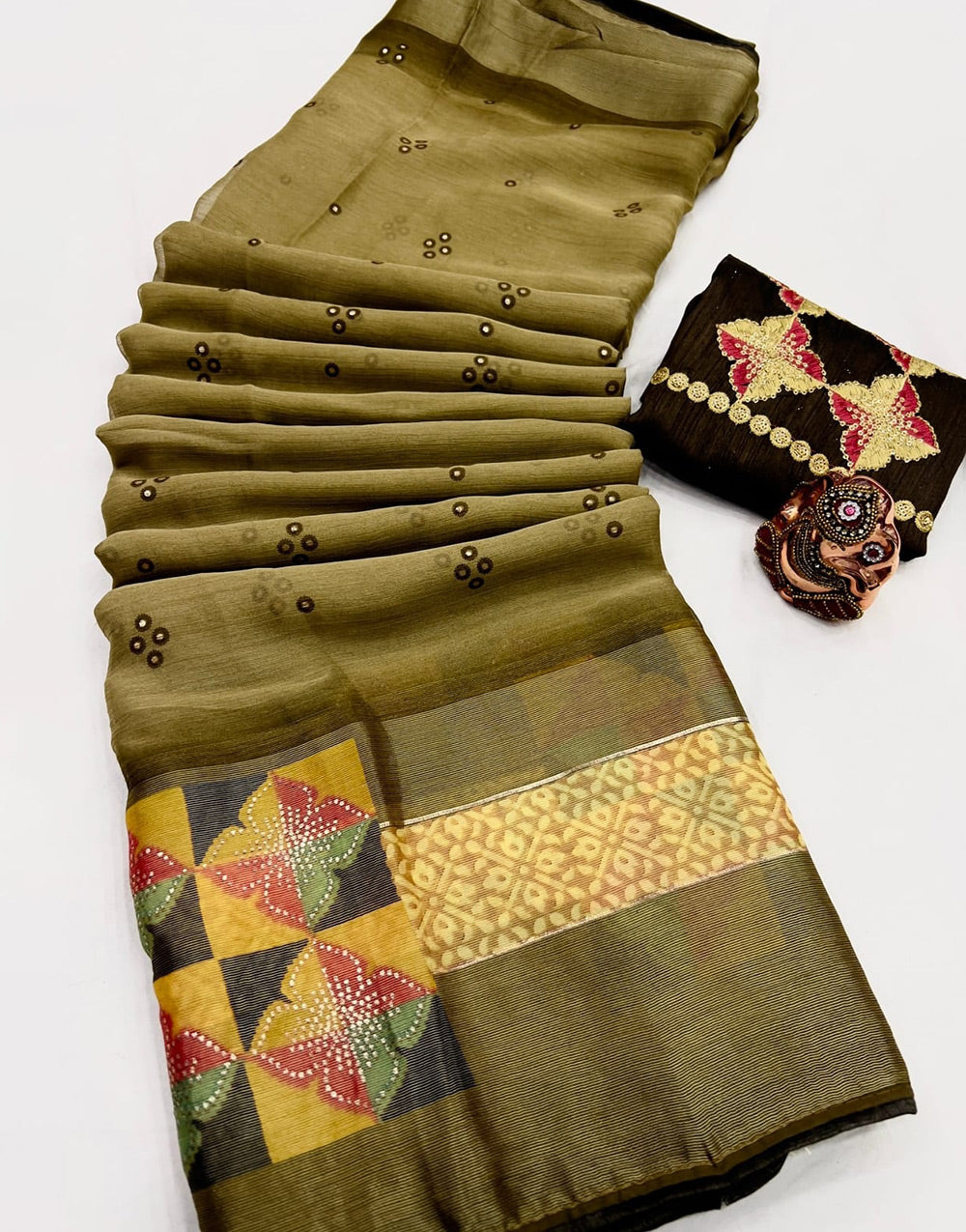 Olive Green Satin Saree With Foil Printed Work