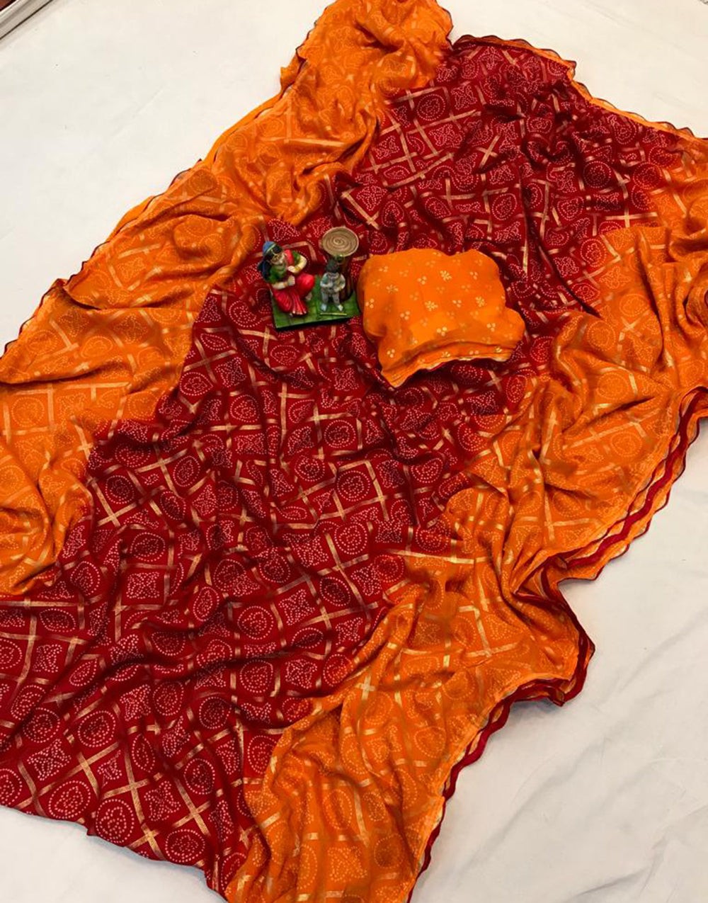 Maroon & Orange Foil Printed Bandhani Saree