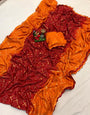 Maroon & Orange Foil Printed Bandhani Saree