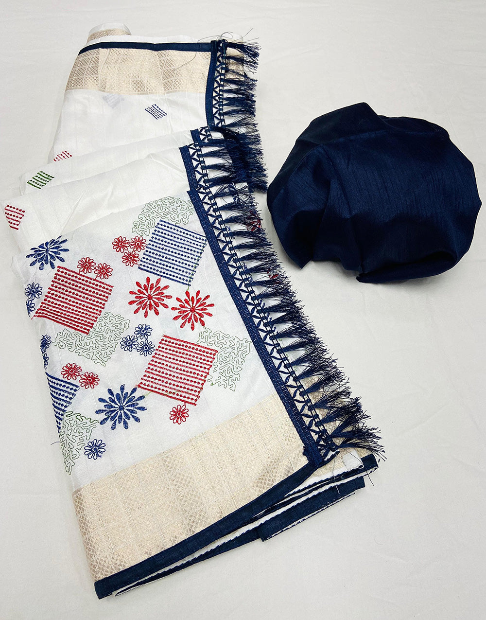 White & Blue cotton saree with full embroidery Work