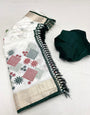 White & Dark Green Cotton Saree With Full Embroidery Work