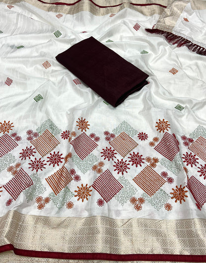 White & Maroon Cotton Saree With Weaving & Embroidery Work