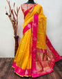 Yellow Linen Silk Saree With Zari Weaving Work