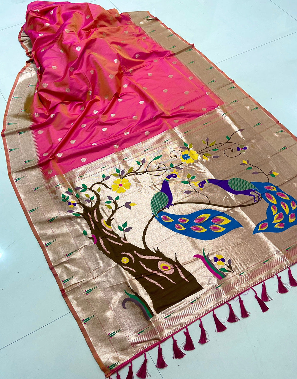 Pink Paithani Silk Saree With Zari Weaving Work