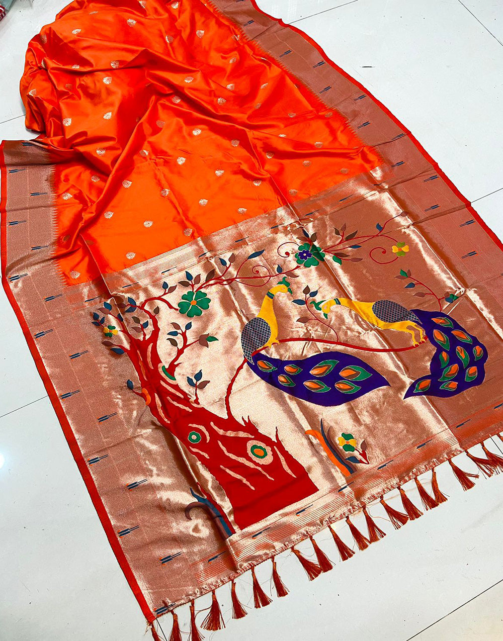 Orange Color Paithani Silk Saree With Zari Weaving Work
