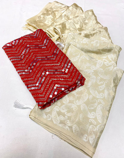 Cream Satin Saree With Weaving Work