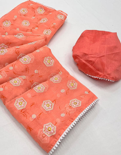 Coral Orange Simar Silk Saree With Printed Work
