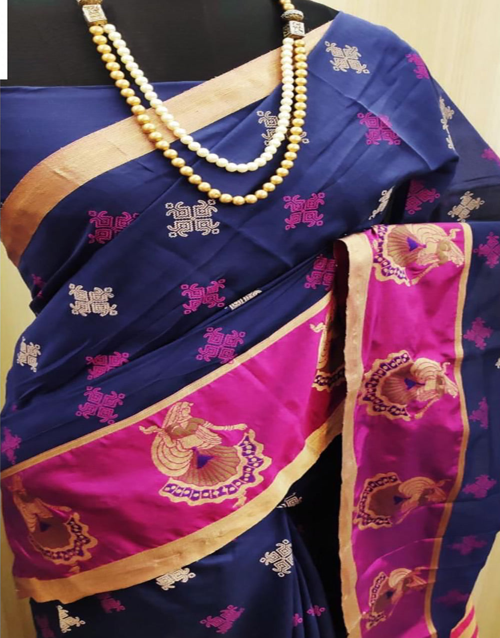 Navy Blue Cotton Saree With Printed & Weaving Border