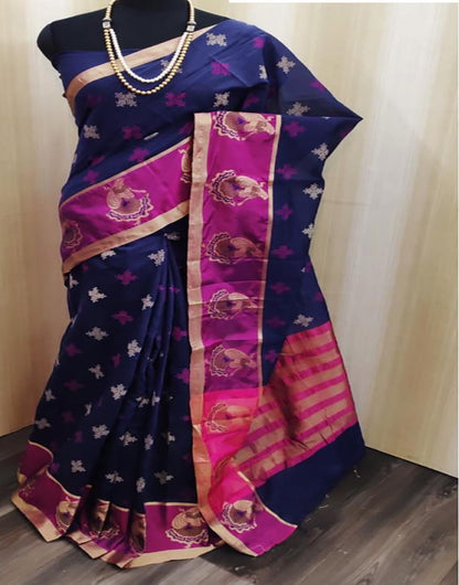 Navy Blue Cotton Saree With Printed & Weaving Border