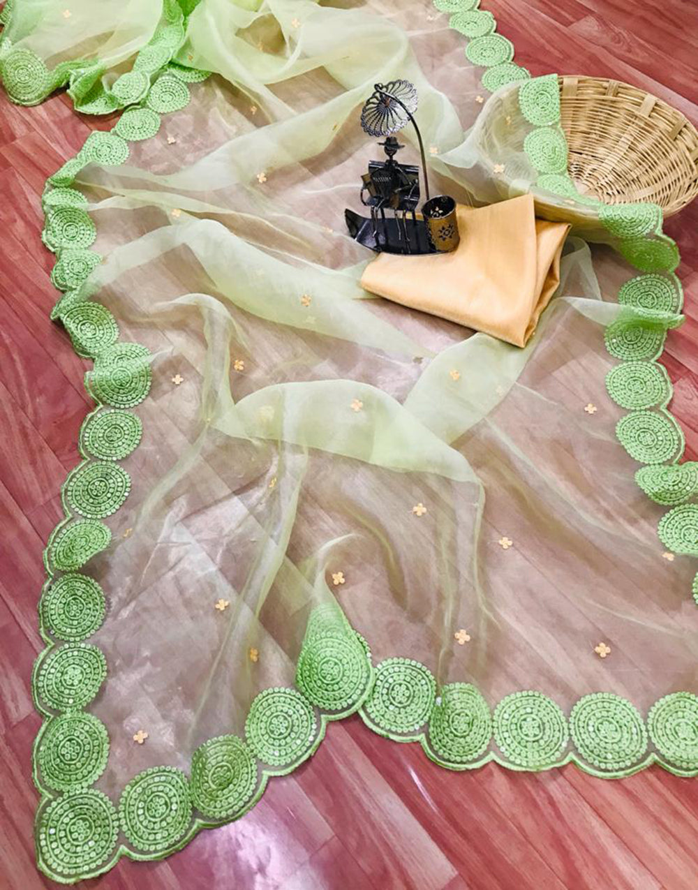 Light Green Organza Saree With Embroidery Work