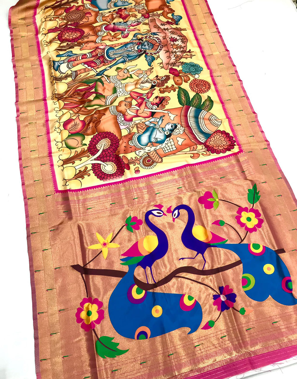Yellow Paithani Silk Saree With Kalamkari Digital Print
