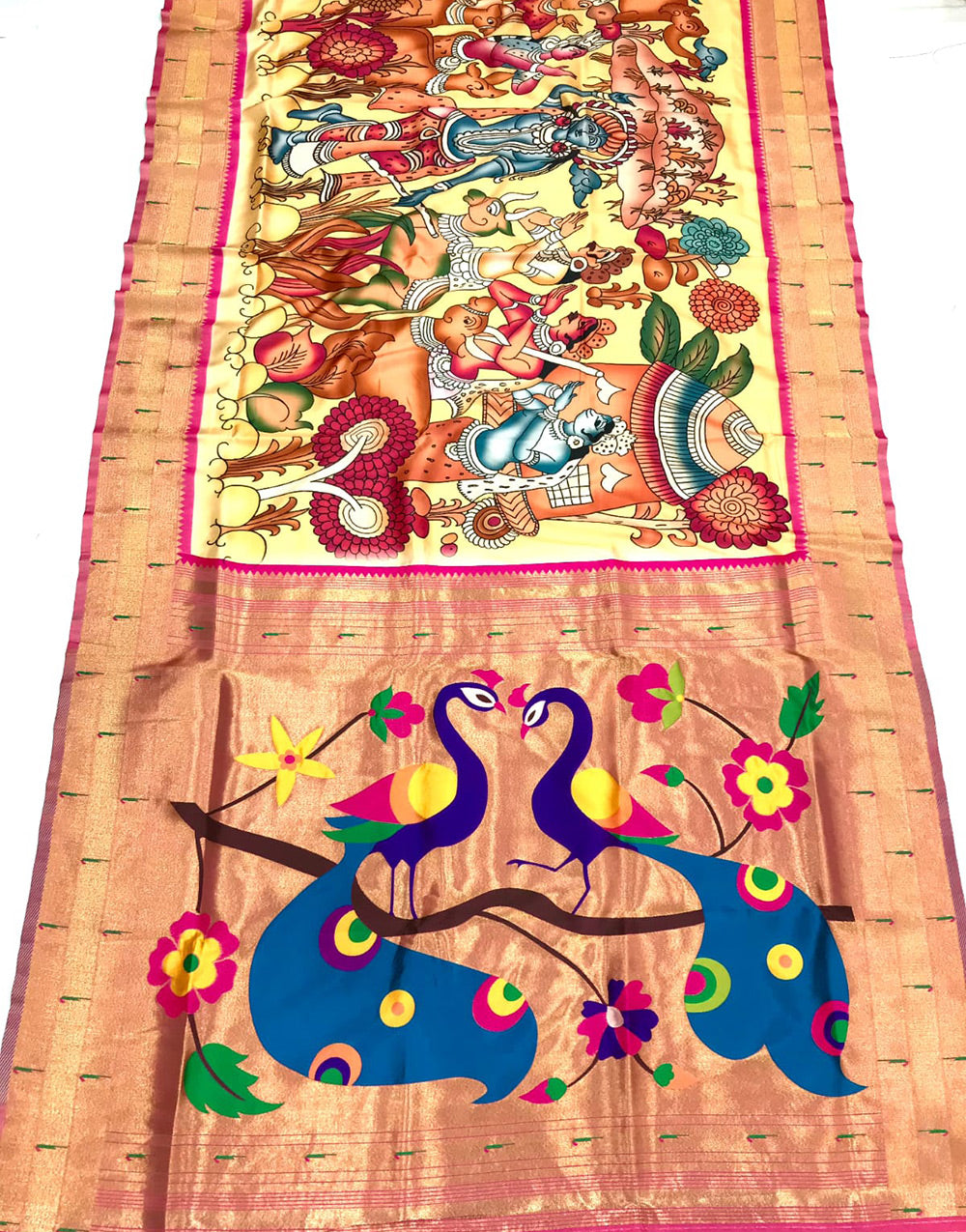 Yellow Paithani Silk Saree With Kalamkari Digital Print