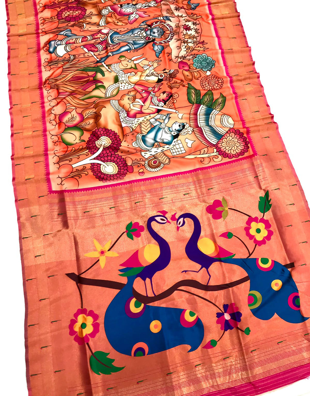 Orange Paithani Silk Saree With Kalamkari Digital Print