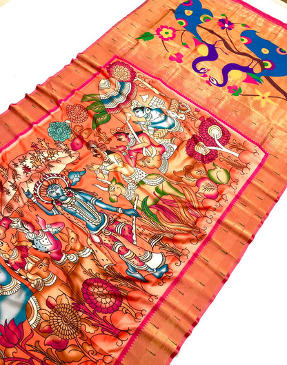 Orange Paithani Silk Saree With Kalamkari Digital Print