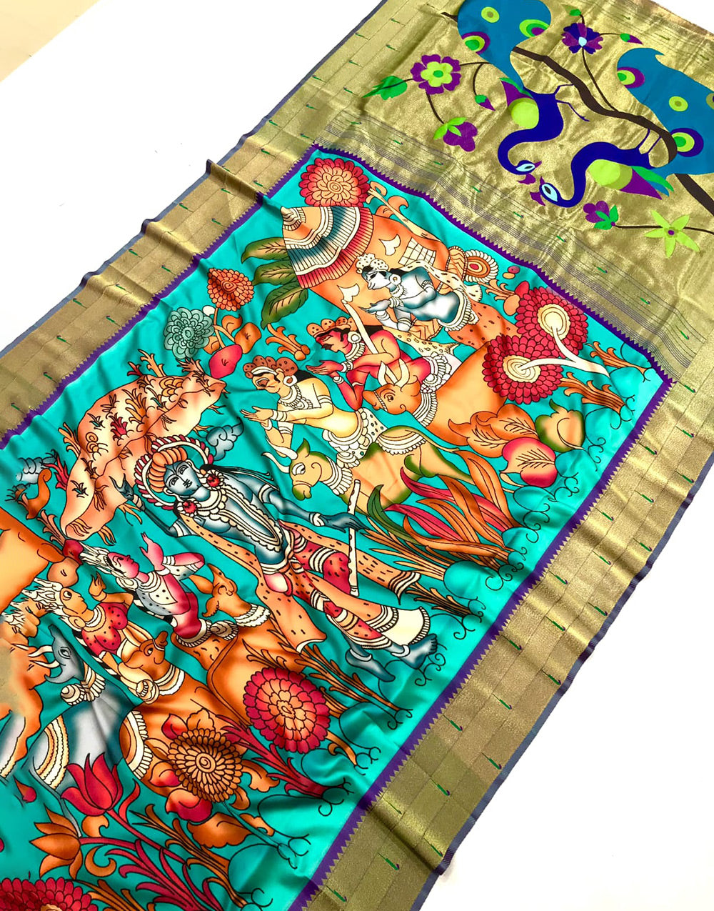 Tiffany Blue Paithani Silk Saree With Kalamkari Digital Printed Work