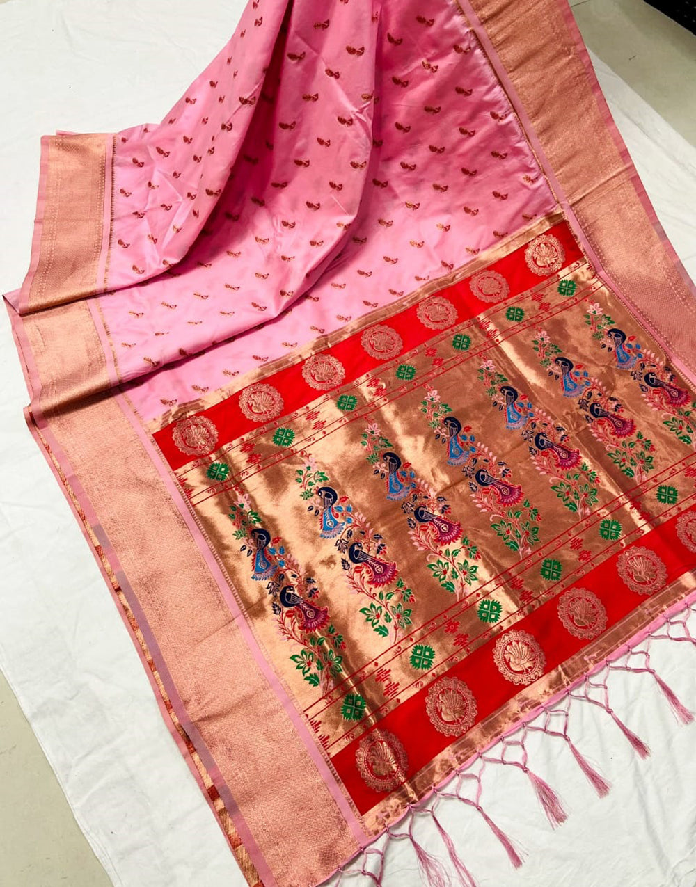 Watermelon Pink Paithani Silk Saree With Weaving Work