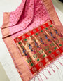 Watermelon Pink Paithani Silk Saree With Weaving Work