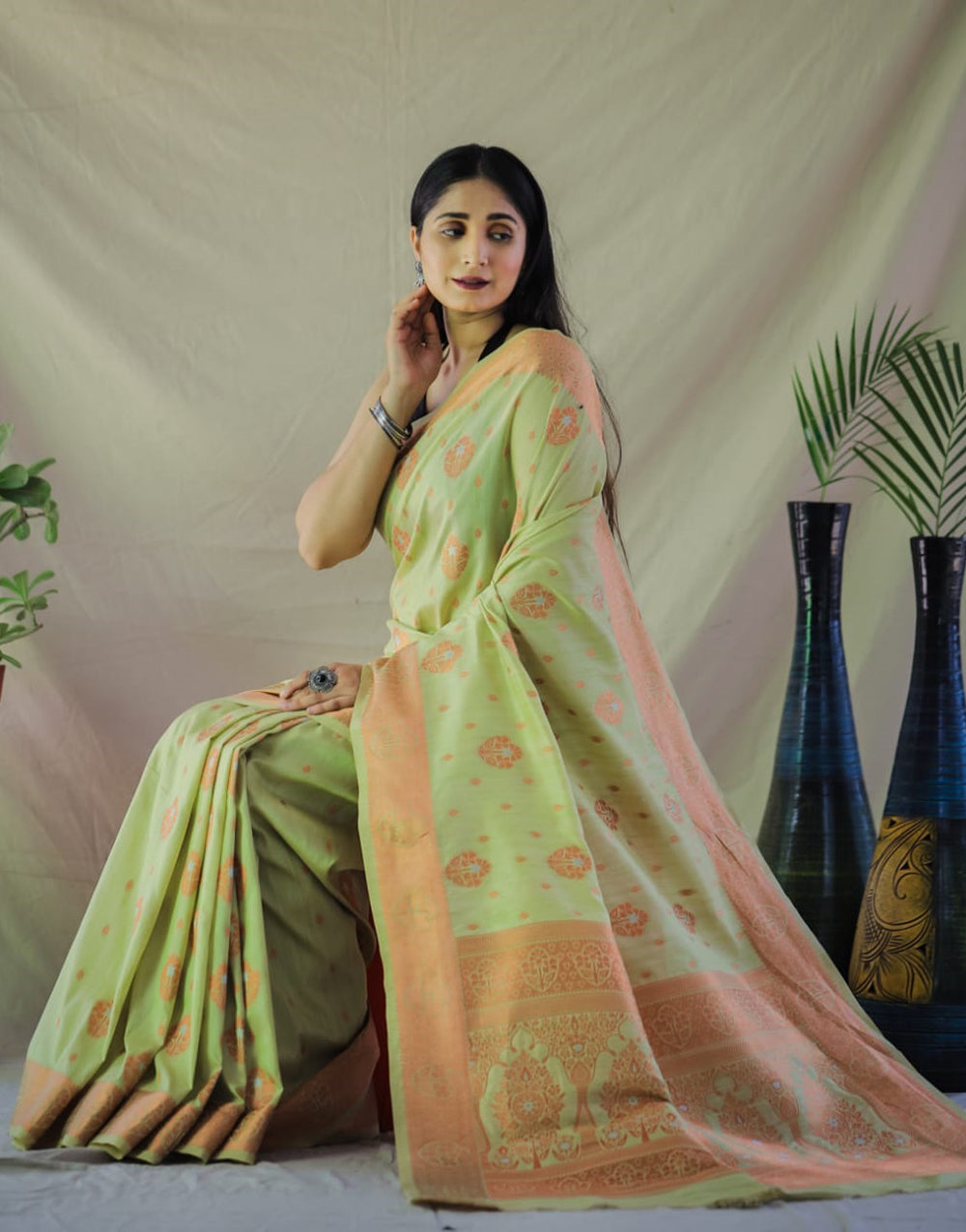 Ocado Green Linen Silk With Zari Weaving Work