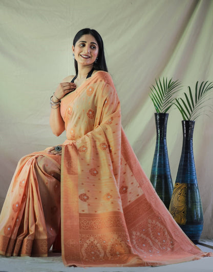 Creamy Peach Linen Silk With Zari Weaving Work