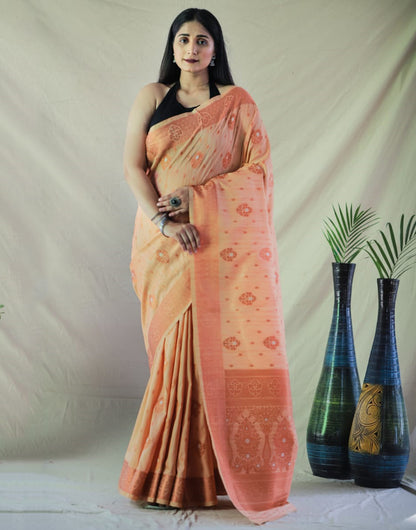 Creamy Peach Linen Silk With Zari Weaving Work