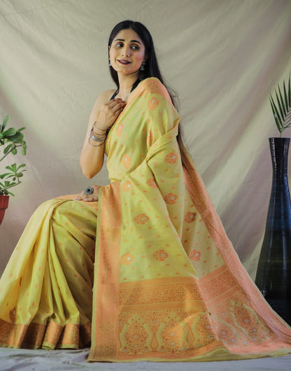 Yellow Linen Silk With Zari Weaving Work