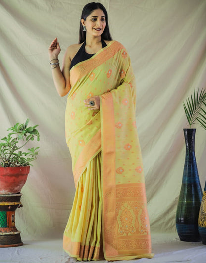 Yellow Linen Silk With Zari Weaving Work