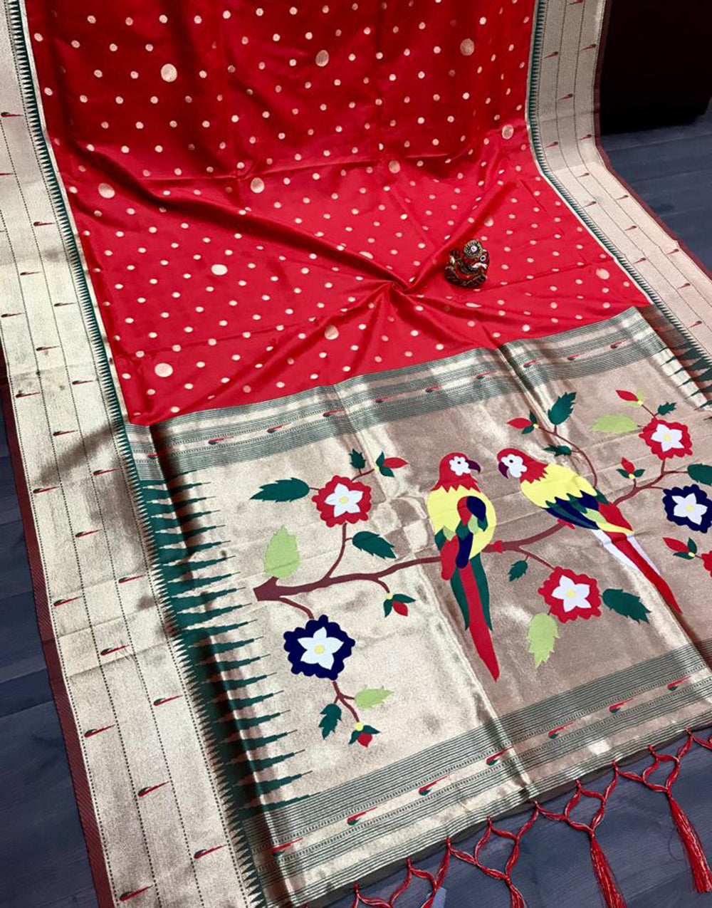 Dark Crimson Red Paithani Silk Saree With Weaving Work