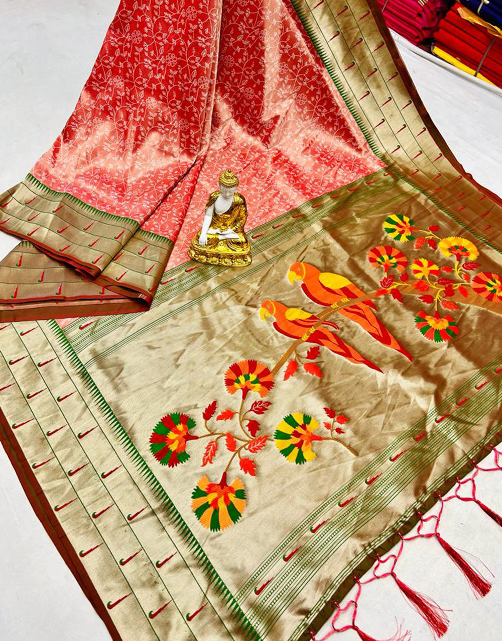 Red Paithani Silk Saree With Zari Weaving Work