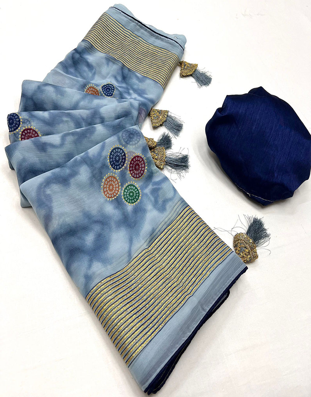 Gray & Blue Chiffon Saree With Foil Printed
