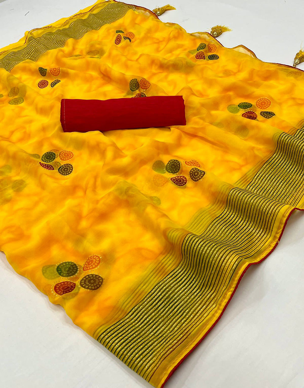 Yellow Chiffon With Foil Printed Saree