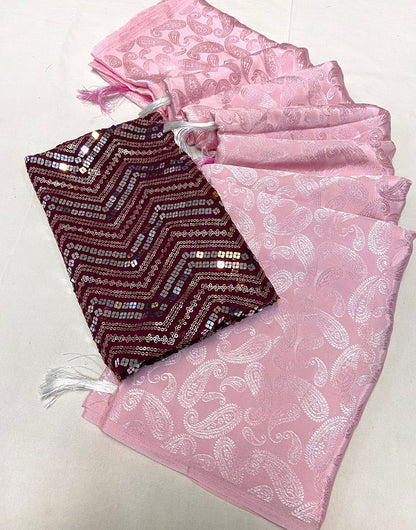 Baby Pink Satin Soft Silk Saree With Weaving Work