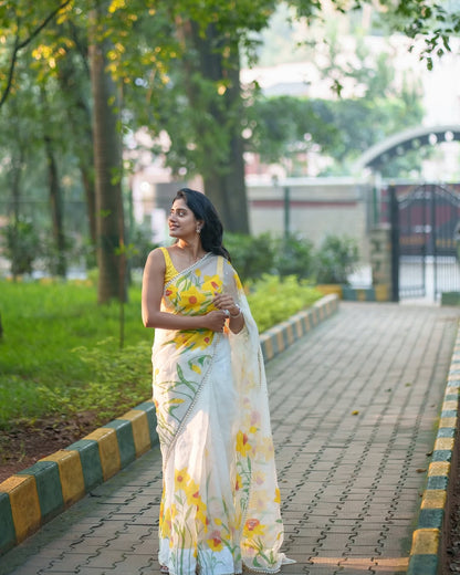 White Colour Orgenza Silk Ready To Wear Saree With Stitched Blouse
