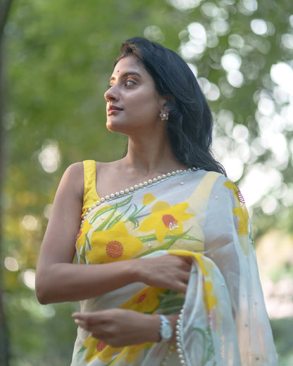White Colour Orgenza Silk Ready To Wear Saree With Stitched Blouse