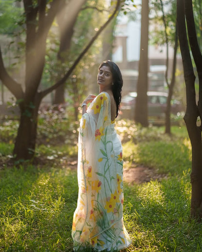 White Colour Orgenza Silk Ready To Wear Saree With Stitched Blouse