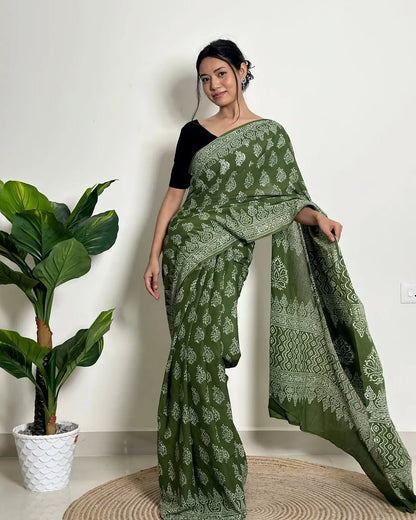 Green Mul Cotton Ready To Wear Saree With Pocket