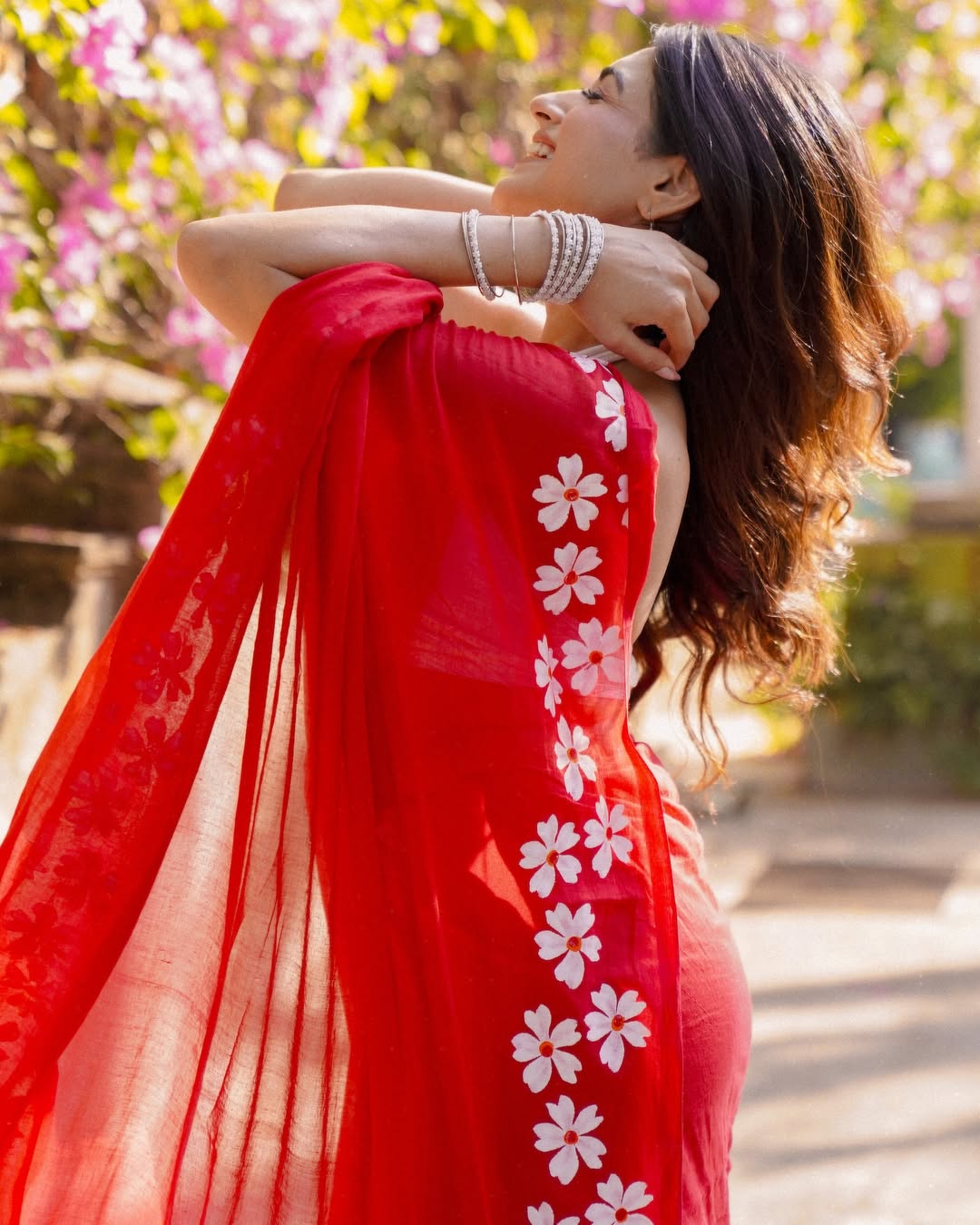 Red Mul Cotton Ready To Wear Saree With Pocket