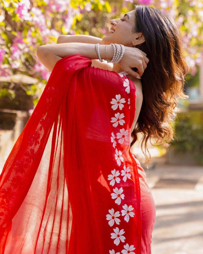 Red Mul Cotton Ready To Wear Saree With Pocket