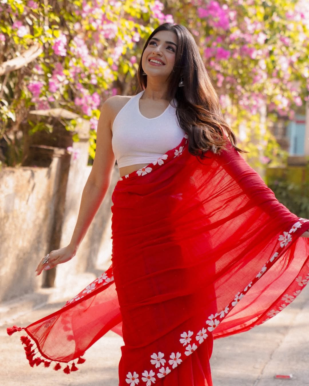 Red Mul Cotton Ready To Wear Saree With Pocket