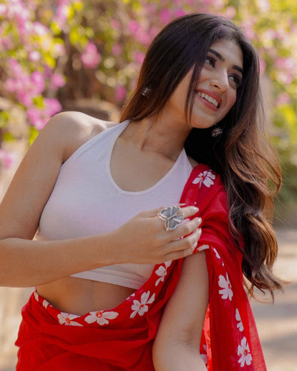 Red Mul Cotton Ready To Wear Saree With Pocket