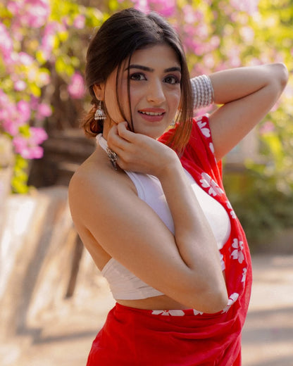 Red Mul Cotton Ready To Wear Saree With Pocket