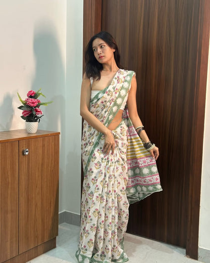 Multicolor Mul Cotton Ready To Wear Saree With Pocket