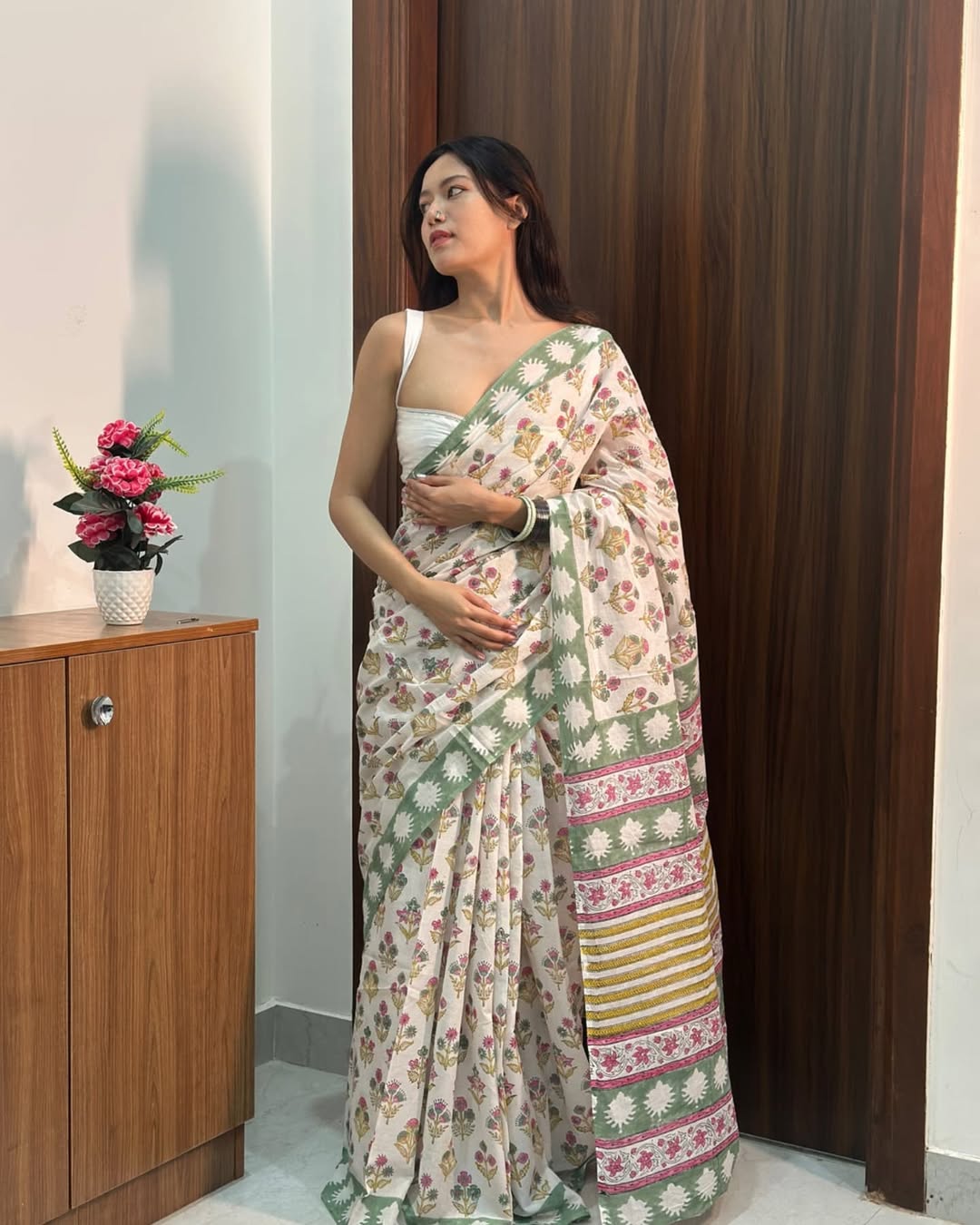 Multicolor Mul Cotton Ready To Wear Saree With Pocket