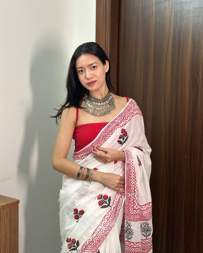 White Red Mul Cotton Ready To Wear Saree With Pocket