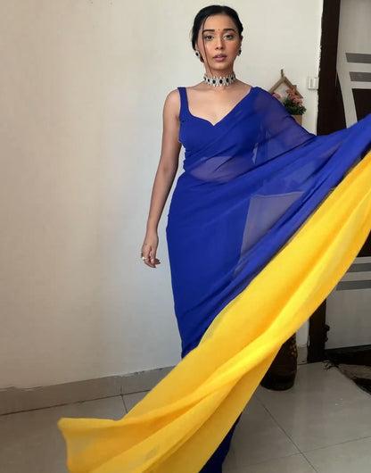 Blue & Yellow Alia Bhatt Soft Georgette Ready To Wear Saree